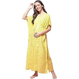 secret wish Women's Sanganeri Screen Print Kaftan Night Dress (Yellow)/Feeding/Nursing/Zipper/Drawstring/Screen Print/Full Length-picture-54