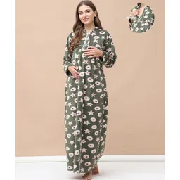 Secret Wish Woollen Woven Full Sleeves Star Printed Maternity Nighty With Centre Front Nursing Access - Green-picture-15