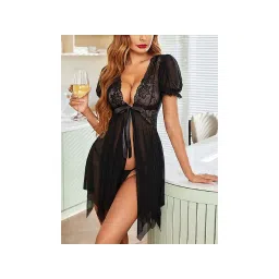 Secrets By ZeroKaata Women Black Self Design Baby Doll Lingerie with Panty (Set of 2)-picture-17