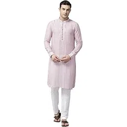Pink & White Regular Fit Kurta Set Mandarin Collar Long Sleeves-image-41