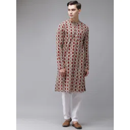 See Designs Men Beige & Red Geometric Printed Pure Cotton Kurta-picture-17
