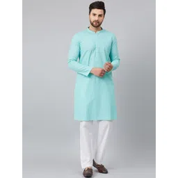 See Designs Men Cotton Turquoise Blue Ethnic Motifs Embroidered Chikankari Kurta-picture-36