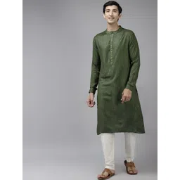 See Designs Men Green & Beige Woven Design Thread Work Kurta image 1