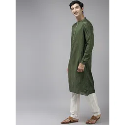 See Designs Men Green & Beige Woven Design Thread Work Kurta image 3