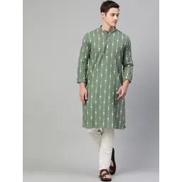 See Designs Men Green & White Printed Pure Cotton Straight Kurta-picture-26