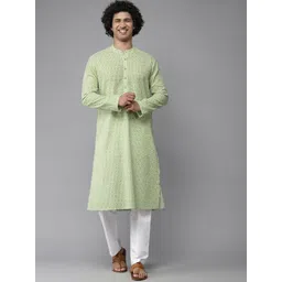 See Designs Men Lime Green Geometric Embroidered Chikankari Pure Cotton Kurta-picture-35