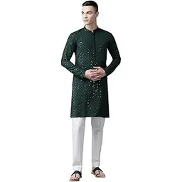 see designs Men Mandarin Collar Black Floral Embroidered Sequined Rayon Full Sleeve Kurta With pyjama-picture-27