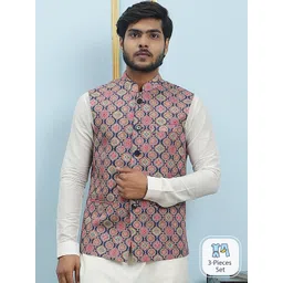 See Designs Men Mandarin Collar Regular Pure Silk Kurta With Pyjamas & Nehru Jacket-picture-39
