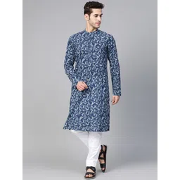 See Designs Men Navy & White Hand Block Printed Sustainable Handloom Kurta with Pyjamas-picture-40