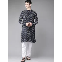 See Designs Men Navy Blue & White Geometric Printed Pure Cotton Kurta-picture-25