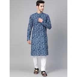 See Designs Men Navy Blue & White Handloom Handblock Print Sustainable Straight Kurta-picture-36