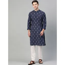 See Designs Men Navy Blue & White Printed Pure Cotton Straight Kurta-picture-24