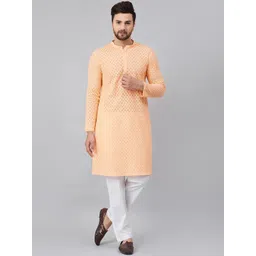 See Designs Men Peach Chikankari Embroidered Straight Cotton Kurta-picture-35