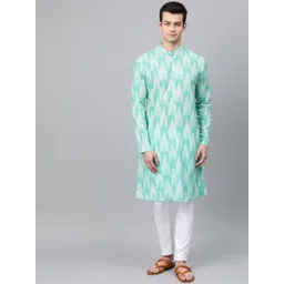 See Designs Men Turquoise Blue Ikat Print Straight Kurta-picture-11