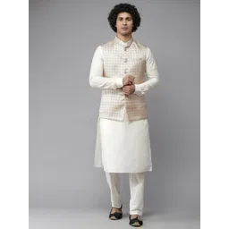 See Designs Men White & Golden Pure Silk Kurta with Pyjamas & Nehru Jacket-picture-42