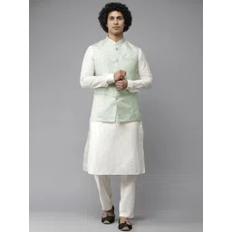See Designs Men White & Green Solid Pure Silk Kurta with Pyjamas & Nehru Jacket-picture-39