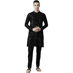 see designs Mens Kurta | Specially Crafted and Designed for the Diwali Festival Men Black Kurta Set Sequence Rayon Material-picture-32
