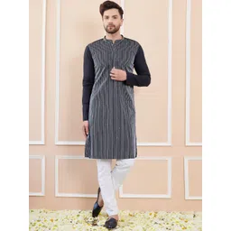 See Designs Striped Mandarin Collar Thread Work Pure Cotton Straight Kurta-picture-25
