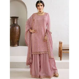 Seerat Ethnic Motifs Woven Design Jacquard Straight Kurta With Chinon Sharara And Dupatta-picture-24