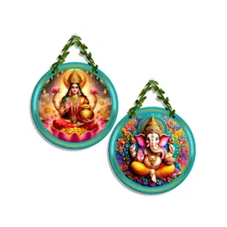 SEHAZ ARTWORKS Cir Set 2-Pcs Yellow & Blue Printed Wooden Wall Hangings-picture-34