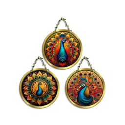 SEHAZ ARTWORKS Cir Set 3-Pcs Yellow & Blue Printed Wooden Wall Hangings-picture-23