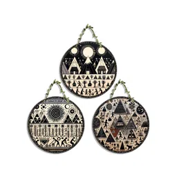 SEHAZ ARTWORKS Circle Set 3-Pcs Black & Beige Printed Wooden Wall Hangings-picture-38