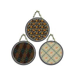 SEHAZ ARTWORKS Circle Set 3-Pcs Black & Yellow Printed Wooden Wall Hangings-picture-18