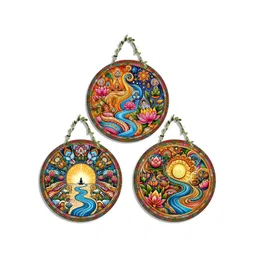 SEHAZ ARTWORKS Circle Set 3-Pcs Blue & Red Printed Wooden Wall Hangings-picture-16