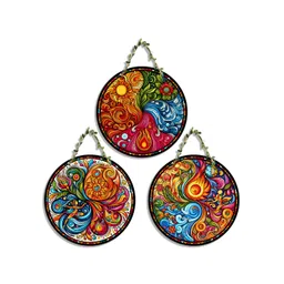 SEHAZ ARTWORKS Circle Set 3-Pcs Yellow & Red Printed Wooden Wall Hangings-picture-40