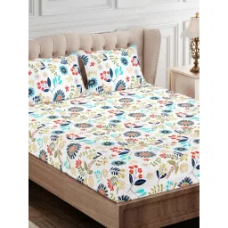 SEJ by Nisha Gupta Floral Blue 144 TC Cotton Double Bed Sheet with 2 Pillow Covers-picture-38