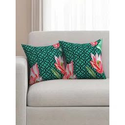 SEJ by Nisha Gupta  Green Set of 2 Floral Print 16'' x 16'' Square Cushion Covers-image-43