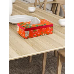 SEJ by Nisha Gupta Orange Floral Print Wooden Tissue Paper Box-picture-12