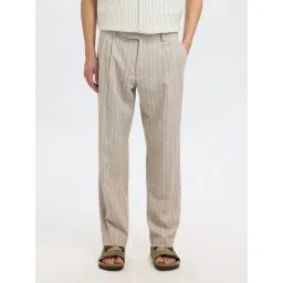 SELECTED HOMME Oatmeal Striped Relaxed Fit Pleated Trousers-picture-35