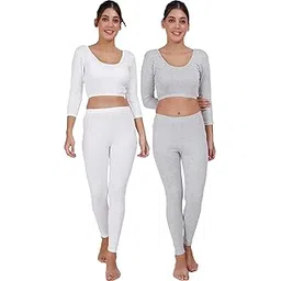 Pack of 2 Womens Cotton Lycra Solid 3/4 Sleeve Thermal Crop Top and Pyjama Sets-image-27