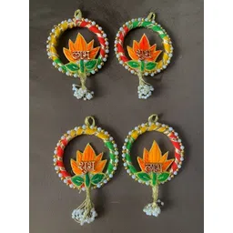 Sellplus 4Pcs Red & Yellow Textured Moti Chudi With Lotus Patch Tassel Hanging Torans-picture-38
