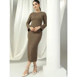 Selvia Edge Urban Chic Textured Mocha Mousse Bodycon Midi Dress-picture-29