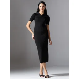 Selvia Edge Women Ribbed Polo Collar Bodycon Midi Dress-picture-30