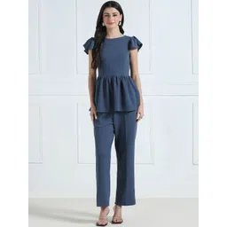 Selvia Edge Womens Blue Solid Peplum Top with Trousers Co-Ord Set-picture-29