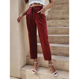 SELVIA Maroon Cotton Lycra Regular Fit Mid Rise Trousers-image-15