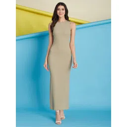 Selvia Women Beige Bodycon Round NeckSleeveless Maxi Dress-image-7