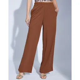 selvia Women Relaxed Brown Lycra Blend Trousers-picture-15