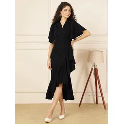Selvia Women Solid Black V-Neck Ruffles Detail Fit & Flare Wrap Midi Dress-picture-18