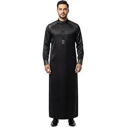 sem kurta Men’s Elegant Thobe | Premium Arabic Jubba with Stylish Shoulder and Cuff Detailing | Long Sleeve Traditional Islamic Wear for Men(S) Black-picture-24