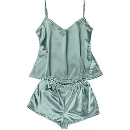 senert Women’s Satin Solid Co-Ord Set – V- Neck Camisole Top & Shorts Loungewear 2-Piece Night Dress | Soft, Lightweight & Stylish Sleepwear (Grey, Free Size)-picture-47