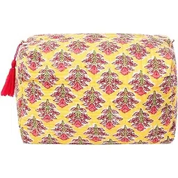 senora Quilted Cosmetic & Toiletry Bag for Women & Men | Hanging Travel Makeup Organizer Pouch | Ethnic Floral Print | 23.5 x 11.5 x 17.5 cm | Yellow Colour-picture-45