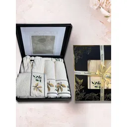 SENSES 550 GSM Ivory 5 Piece Cotton Bathrobe with Embroidered Towels & Hand Towel Gift Set-picture-31
