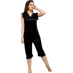 senslife Women's Satin Night Suit Set of Top & Capri Set (Black)-picture-17