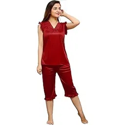 senslife Women's Satin Plain/Solid Nightwear Set (Maroon)-picture-16