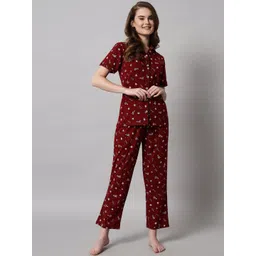 SEPHANI Women Maroon & White Printed Cotton Night suit-picture-33