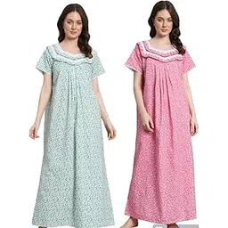 sephani Women's 100% Cotton Printed Maxi Nightgown Long Nighty Sleepwear for Ladies Green and Pink Color 2 Pcs-picture-28